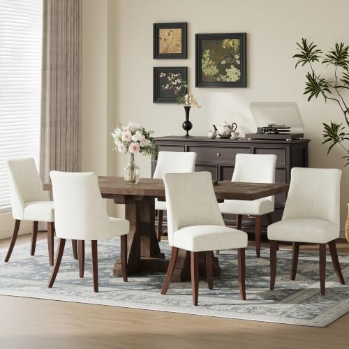 COLAMY Upholstered Dining Chairs Set of 6, Mid Century Modern Kitchen Chairs with Back, Farmhouse Fabric Side Dining Room Chairs with Wood Legs for Dining Room Restaurant, Beige - color: Beige-new, size: Set of 6