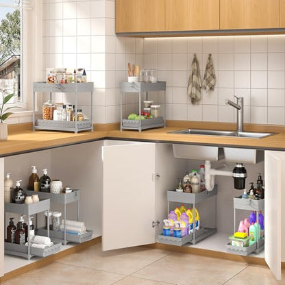 Sevenblue 3 Pack Under Sink Organizers, 2-Tier Multi-Use Kitchen and Bathroom Organizers and Storage with Sliding Drawers, Bathroom Cabinet Organizer (Gray, 14.8 Inch) | Multi-use kitchen & bathroom storage, 14.8 inch gray cabinet organizer, space-saving