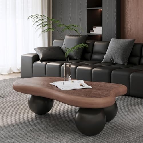 47.2” Walnut Cloud Coffee Table with 3 Ball Legs, Farmhouse Irregular Center Table for Living Room, Low Cute Small MDF Tea Table for Bedroom, Apartment-Walnut Black - color: Cloud-47" Walnut Black