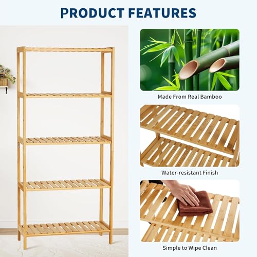 IDEALHOUSE Bamboo Storage Shelf, 5-Tier Freestanding Bathroom Organizer, Narrow Corner Shelving Unit for Entryway, Bathroom, Living Room, Balcony, Kitchen, Natural Bamboo, Widen-Wood