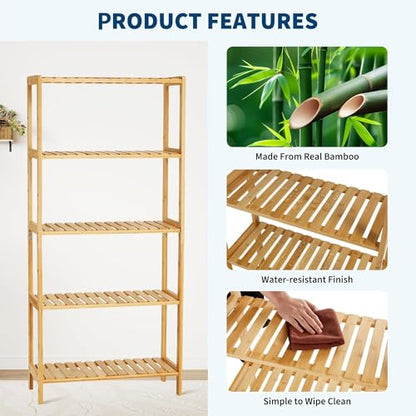 IDEALHOUSE Bamboo Storage Shelf, 5-Tier Freestanding Bathroom Organizer, Narrow Corner Shelving Unit for Entryway, Bathroom, Living Room, Balcony, Kitchen, Natural Bamboo, Widen-Wood