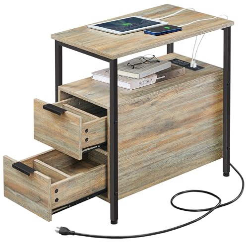 VASAGLE Side End Table with Charging Station, Slim Nightstand with 2 Drawers, Narrow Bedside Table for Living Room, Small Spaces, Turquoise Brown and Ink Black ULET321B60 - color: Turquoise Brown + Ink Black, size: 23.6"D x 13.8"W