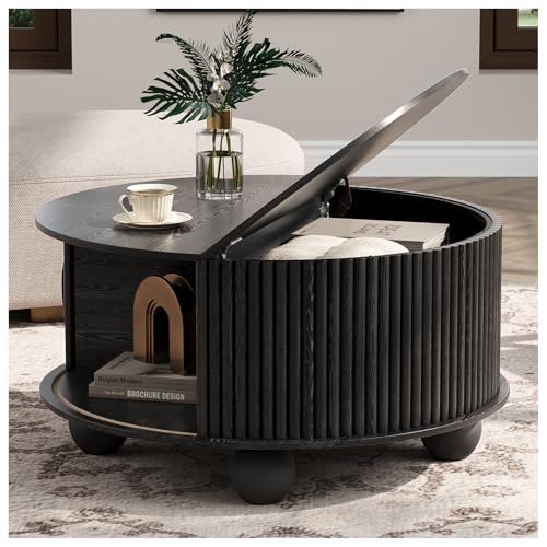 Round Coffee Table with Storage, 31.5" Mid Century Modern Coffee Table with Sliding Door & Bun Feet, Minimalist Fluted Center Table for Living Room, Home Small Space, Black - color: Black, size: Round(bun feet)