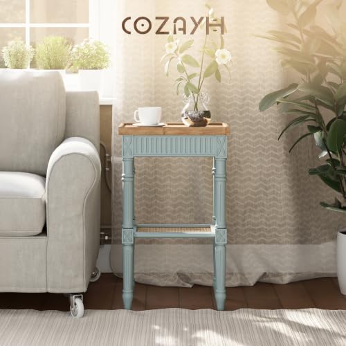COZAYH End Table - Rustic Farmhouse Accent Table - Tray Top, Pale Mint Blue | Engineered Wood, 17 x 13 x 28.25 in, 35 lb Capacity, Rectangular Shape, Distressed Finish, Wicker Shelf, No Assembly Required - color: Mint, size: 1-Pack