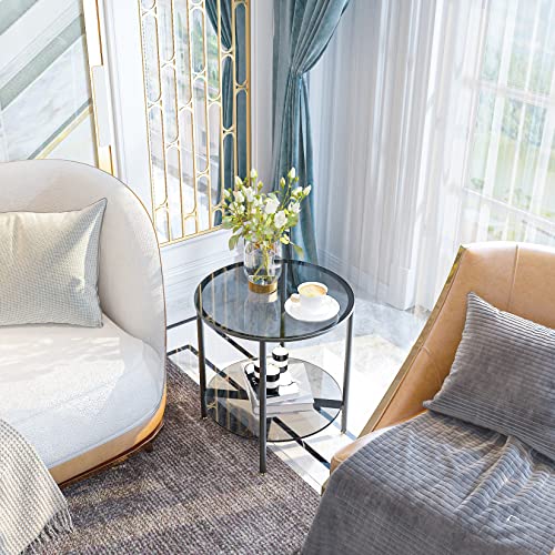 Tempered Glass End Table: 2-Tier Round Nightstand 20 inch High Grey | Circle Side Table 4 Legs Home Decor for Living Room Bedroom - size: Height - 20 inch