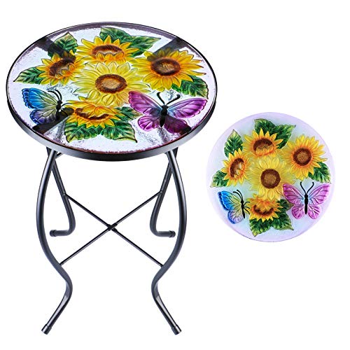 MUMTOP Outdoor Side Table - Patio Table Mosaic Coffee SideTables Glass Accent Table 14’’Round SmallTable Plant Stand for Indoor Garden Balcony (Sunflower) - color: Sunflower