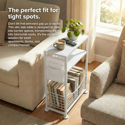Skinny Side Table with Storage, 3 Tier Slim Side Tables for Small Spaces, Skinny End Table Narrow Bedside Table Narrow Side Table for Living Room, Bedroom - color: White