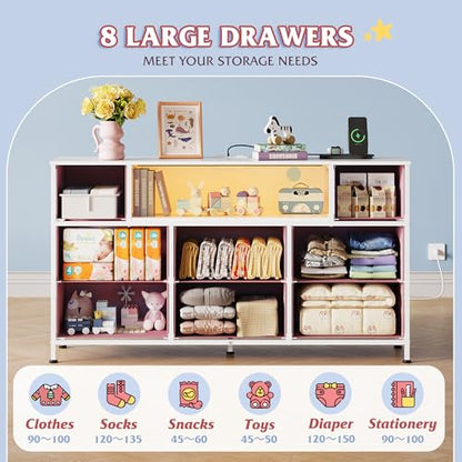 WLIVE Dresser TV Stand for 45, 50, 55 inch TV, Entertainment Center with LED Lights & Charging Station, Chest of Drawers with 8 Fabric Drawers and Open Shelves for Living Room, Hallway, A-Pink - color: A-pink