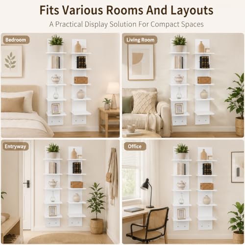 2PCS 5 Tiers Floating Wall Shelf, Small Vertical White Floating Shelf for Narrow Spaces, Modern Wall-Mounted Decorative Shelves for Bedroom Living Room, Lightweight Wood-Plastic - size: 2PCS