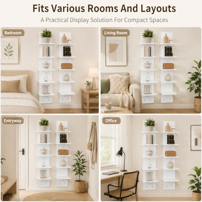 2PCS 5 Tiers Floating Wall Shelf, Small Vertical White Floating Shelf for Narrow Spaces, Modern Wall-Mounted Decorative Shelves for Bedroom Living Room, Lightweight Wood-Plastic - size: 2PCS