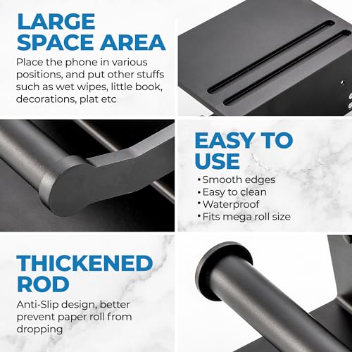 Toilet Paper Holder with Shelf, Black Anti-Rust Aluminum Tissue Roll Holder with Mobile Phone Storage Shelf for Bathroom, 3M Self Adhesive No Drilling or Wall Mounted with Screws - color: Black