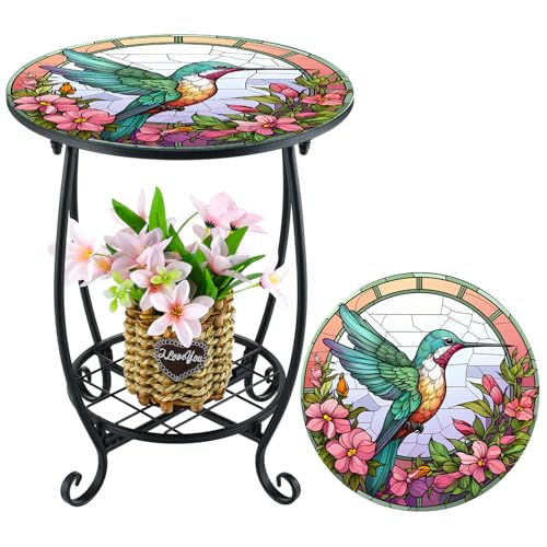 Cinnvoice Outdoor Side Table Round Small Mosaic Patio Accent Indoor End Plant Coffee Tea Table for Yard Patio Porch Garden Living Room, Bedroom(Hummingbird Style,14 Inch) - size: 14 Inch, style: Hummingbird Style