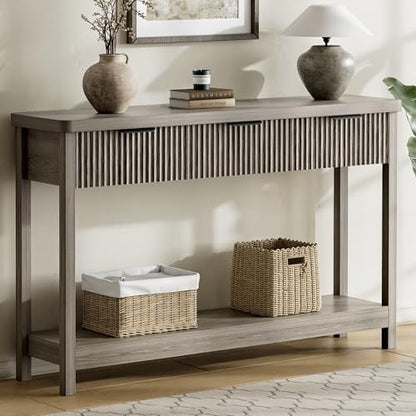 Fluted Console Table, 51 Inch Entryway Table with 3 Drawers | Scandi farmhouse look with quiet full-extension slides, open lower shelf, profile for hallway, entry, foyer or behind sofa. - color: Dark Gray
