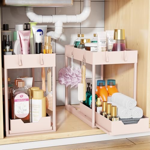 Simple Trending Under Sink Organizer 2 Pack, with Sliding Drawer, Pink | 2-Tier Multi-Use Under Shelf Organizer with Hooks, Sink Pull-Out Sliding Storage Cabinet for Kitchen Bathroom, Easy Assembly - color: Pink, size: 2 pack