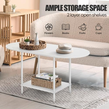 White Coffee Tables for Living Room,Mid Century Oval Center Table with Storage Shelf and Wood Tabletop,2-Tier Modern Narrow Cocktail Tea Table for Small Space,Small Apartment - color: White
