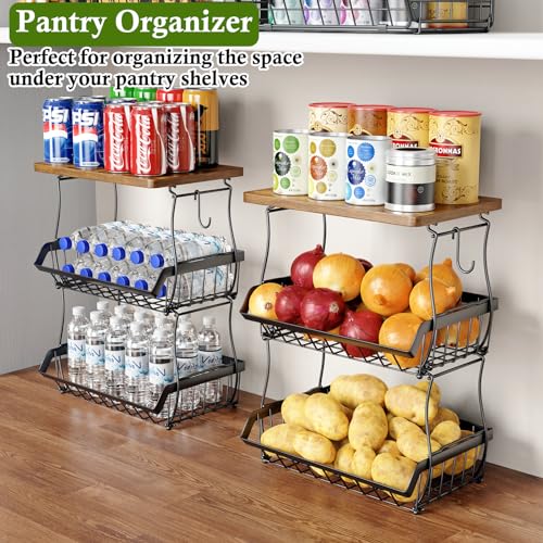 OKZEST 3-Tier Fruit Basket Fits Between Countertop & Upper Cabinet, 16.8" H | Includes wood top & banana hangers, Stackable kitchen countertop organizer, Holds potato, onion, bread, snack, fruit, veggie - size: 3-Tier (With wood top)