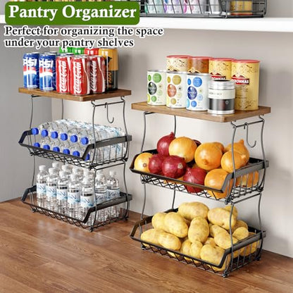 OKZEST 3-Tier Fruit Basket Fits Between Countertop & Upper Cabinet, 16.8" H | Includes wood top & banana hangers, Stackable kitchen countertop organizer, Holds potato, onion, bread, snack, fruit, veggie - size: 3-Tier (With wood top)