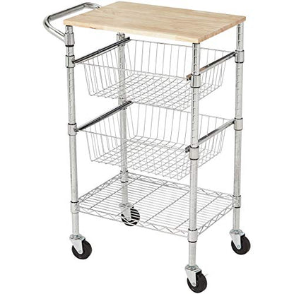 Amazon Basics 3-Tier Metal Basket Rolling Utility Cart with Wood Top, Kitchen Storage Organizer, Portable, Silver