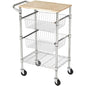 Amazon Basics 3-Tier Metal Basket Rolling Utility Cart with Wood Top, Kitchen Storage Organizer, Portable, Silver