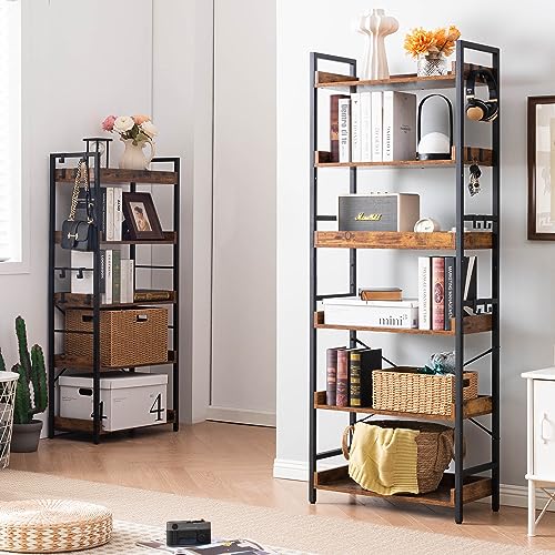 HCHQHS Adjustable 6 Tier Open Bookcase, Rustic Farmhouse Book Shelves, Industrial Wood and Black Metal Bookshelves, Mid Century Bookcase for Home Office Living Room Bedroom - color: Rustic Brown, size: 6-Tier (24"W x 70"H)