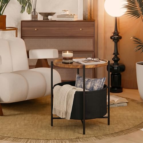 danpinera Side Table with Wood Removable Tray, Nightstand with Basket | Small Round Table for Small Space, Living Room, Bedroom, Nursery, Modern Accent Stand with Serving Tray, Walnut - color: Walnut