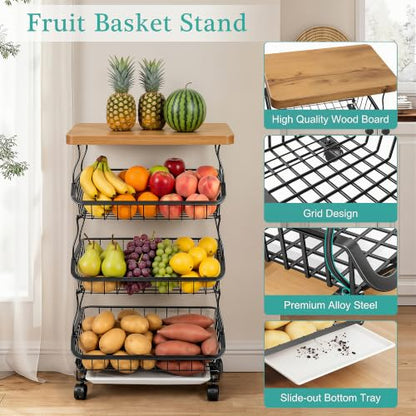 VECELO 4-Tier Fruit Basket with Wheels, Fruit and Vegetable Storage Cart for Kithchen, Stackable Produce Organizer Wire Baskets for Kitchen, Pantry, Living Room - size: 4 Tiers