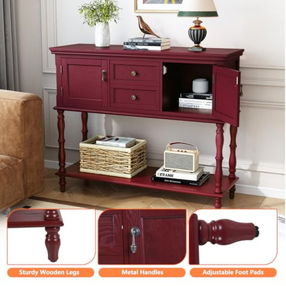 ARTPOWER Console Table with 2 Drawers, Retro Entryway Table with 2 Door Cabinets and Open Storage Shelf, Narrow Long Behind Couch Sofa Table for Living Room, Foyer, Hallway, Red - color: Red