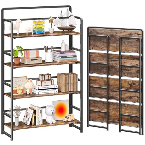 4NM No Assembly Extra Wide 4 Tiers Folding Bookshelf Storage Shelves Vintage Bookcase Standing Racks Study Organizer Home Office (Rustic Brown Black) - color: Rustic Brown Black, size: Wide 4 Tiers