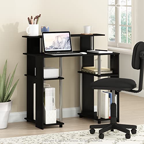 Furinno Jaya Simple Design Computer Writing Desk, Americano/Stainless Steel, 20.3 (D) x 35.6(W) x 35.7 (H) inches. | Raised Hutch and Open Shelf, Simple Design Computer Writing Desk, Office Desk for Home Office, Bedroom - color: Americano/Stainless Steel