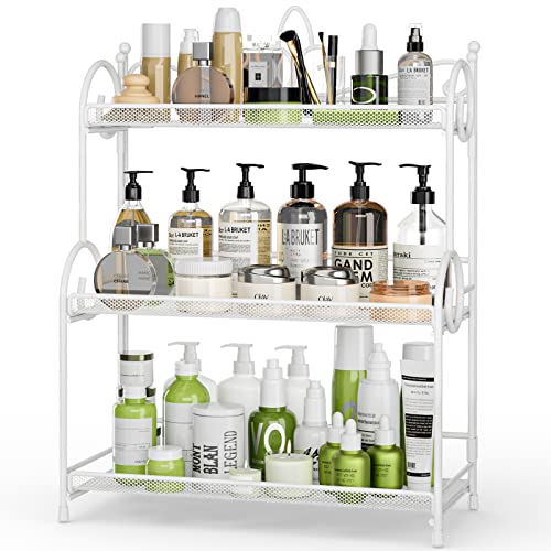 EKNITEY 3-Tier Bathroom Organizer - Sink Organizer Spice Rack(No Assembly) | for Bathroom Kitchen Bedroom Countertop Storage, Sturdy Metal Frame, Easy to Clean, Space-saving, Foldable, White - color: White
