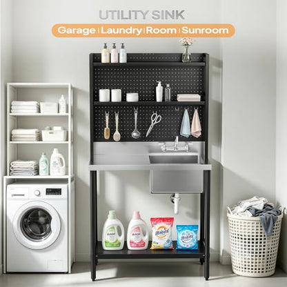 VINGLI 67'' 304 Stainless Steel Commercial Sink, Freestanding Utility Sink Table with Drainboard, Adjustable Shelves,Pegboard for Hanging Tools, Heavy Duty Prep Sink for Kitchen Garage Laundry Room