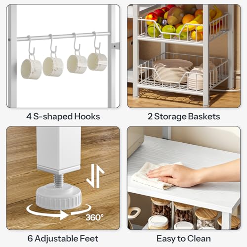 HOOBRO Large Bakers Rack with Power Outlets, 6-Tier Microwave Stand with 4 Hooks, Coffee Bar, Kitchen Shelf with Wire Basket, for Kitchen, Living Room, Office, White WW64UHB01 - color: White