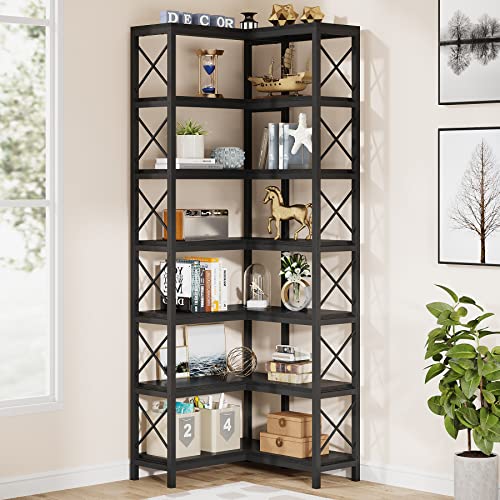 Tribesigns 7-Shelf Corner Bookshelf,Large Modern Corner Bookcase, 7-Tier Tall Corner Shelf Storage Display Rack with Metal Frame for Living Room Home Office (Black) - color: Black