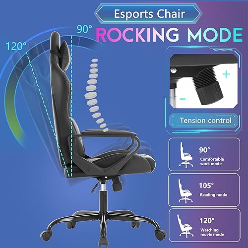 PayLessHere Ergonomic Racing Desk Chair Gaming Chair Computer Chair with Armrests 360° Swivel & Caster Pu Desk Task Chair Executive Headrest Lumbar Support for Back Pain Women Men and Adults (Grey) - color: Grey