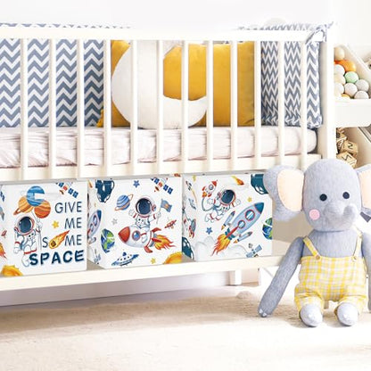 Clastyle 3 pcs 11.8'' Outer Space Storage Basket for Shelves with Metal Frame Large Rocket Astronaut Clothes Toy Book Cube Bin for Bedroom Playroom,White - color: Rocket Astronaut