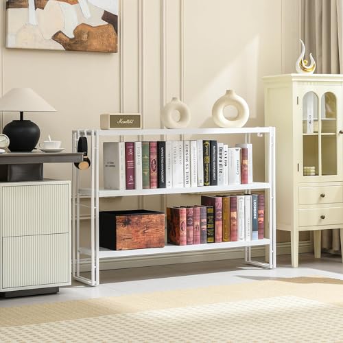 HCHQHS Bookshelf, 3-Tier Industrial Bookcase, White Open Book Shelf, Freestanding Horizontal Bookshelves with Metal Frame - color: White, size: 3-Tier (47"W x 33.5"H)