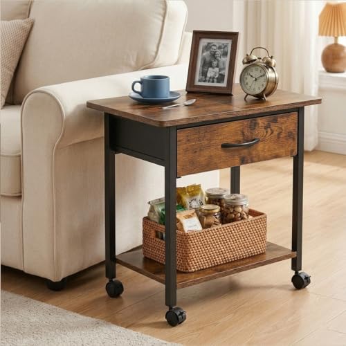 22" x 15" Under Desk Rolling Printer Stand, 2-Tier Industrial Mobile Printer Table with Strong Fabric Drawer,Storage Shelf, Steel Frame and Lockable Wheels, Printer Cart for Home Office (Rustic Brown) - color: Rustic Brown