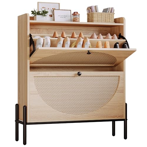 IRONCK Shoe Cabinet Storage with 2 Flip Drawers, Free Standing Wooden Shoe Storage Organizer Cabinet with Rattan Doors for Entryway, Narrow Shoe Rack Cabinet, Oak - color: Oak