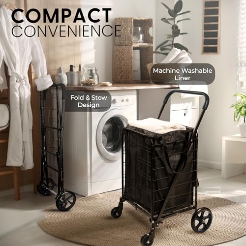 SereneLife Small Compact Folding Shopping Cart with Removable Waterproof Liner – 360° Swivel Wheels, Rust‑Proof Steel Frame, 70 lb Capacity – Portable Grocery, Laundry & Travel Cart (Black) - color: Black