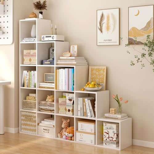 Ladder Cube Storage Bookcase, 15-Cube Corner Shelf, White | Wooden L-Shaped, Reversible 5-Tier Organizer, Fits 11×11" Bins, For Home & Office - color: White, size: 15-Cube