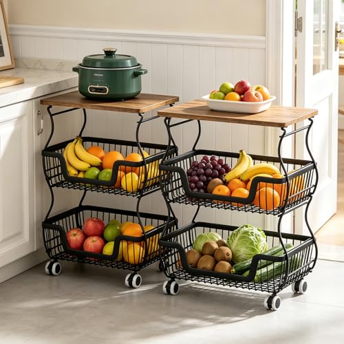 2 Pack 3-Tier Rolling Kitchen Storage Cart Fruit Basket Stand for Vegetables & Snacks Stackable Wire Pantry Floor Organizer with Wheels for Kitchen, Living Room, Bedroom, Office (Black) - size: 3-Tier 2 Pack