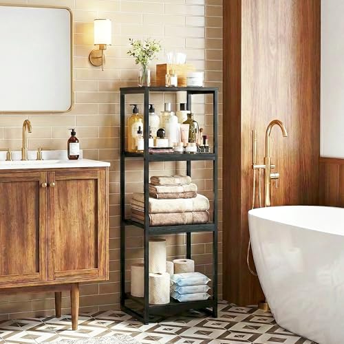 4-Tier Bathroom Shelving Unit, Narrow Corner Slim Rack, Black | 33.7"H, Metal Frame, Wood Finish Shelf, for Laundry Room, Kitchen, Living Spaces, Sturdy Build - size: 4-Tier