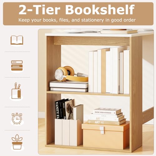 Giantex Small Desk with Bookshelf, 44 Inch Modern Computer Desk for Small Spaces, Laptop PC Desk, Vanity Table for Bedroom, Study Writing Desk for Home Office (White+Natural) - color: White+natural