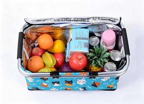 Upgrade Shopping Bag Picnic Basket 2 Layers of Internal Pockets Leak-Proof Insulated Cooler Bag Bag Collapsible Shopping Basket Folding Grocery Basket Bag for Picnic Travel(Blue Cat) - color: Blue Cat
