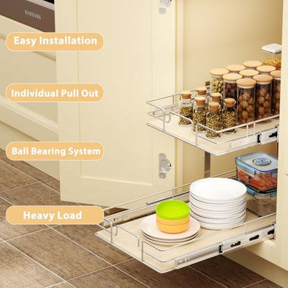 ROOMTEC 2 Tier Individual Pull Out Cabinet Organizer 13½"W x 21½"D, Slide Out Wood Shelves Organizers, Pull Out Drawers Organization and Storage for Kitchen Cabinet - size: 13½" W x 21½" D