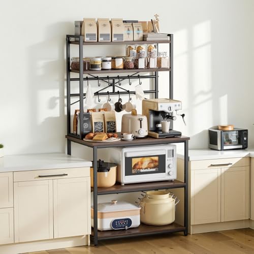 VEVOR Bakers Rack, 31.5 inch Width Microwave Stand,Kitchen Stand with X-Shaped Support Bar & 12 S-Shaped Hooks,Kitchen Storage Shelf for Dish Storage, Spice Jars, Coffee Bar Organization - size: 31.5 x 15.7 x 63.7