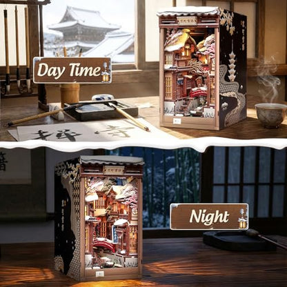 CUTEBEE Book Nook Kit - DIY Miniature House Dollhouse for Adults | Japanese Kyoto Winter Street Scene, Bookshelf Decor 3D Wooden Puzzle Model Kit, Diorama Bookish Gifts (Kyoto Snow Scene)