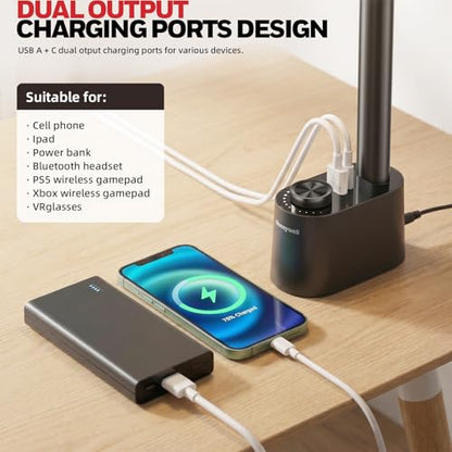 Honeywell LED Desk Lamp - Sunturalux Desk Lamps for Home Office with USB A+C Charging Ports, Stepless Dimmable Eye-Caring Foldable Desk Light for Table Bedroom Bedside Reading(Black) - color: Black