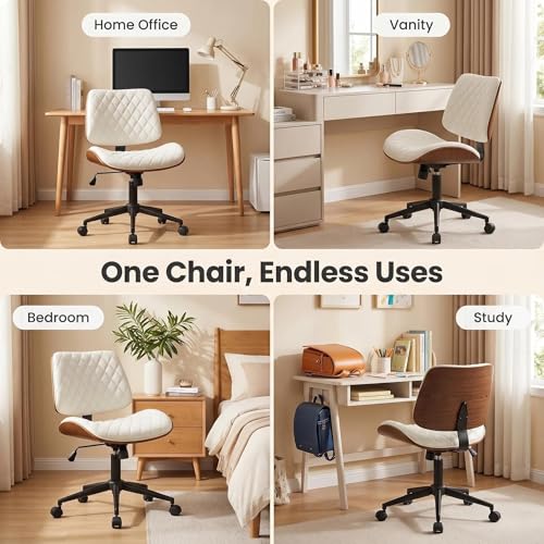 Furnimart Armless Small Desk Chair with Wheels, 360° Swivel Faux Leather Vanity Chair for Bedroom, Compact Home Office Task Chair for Small Spaces, Heavy-Duty Wood Frame(PU White) - color: Faux Leather-white