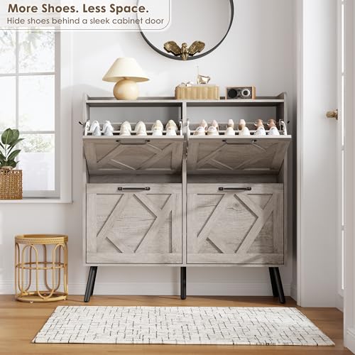 Shoe Cabinet with 4 Flip Drawers, Freestanding Shoe Organizer Cabinet, Farmhouse Narrow Shoe Storage Cabinet for Entryway, Foyer, Hallway - color: Light Grey
